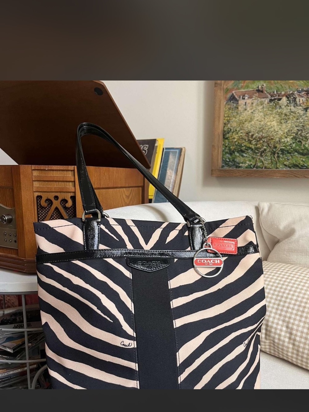Coach Zebra Stripe Tote in Black & Cream with Black Trim